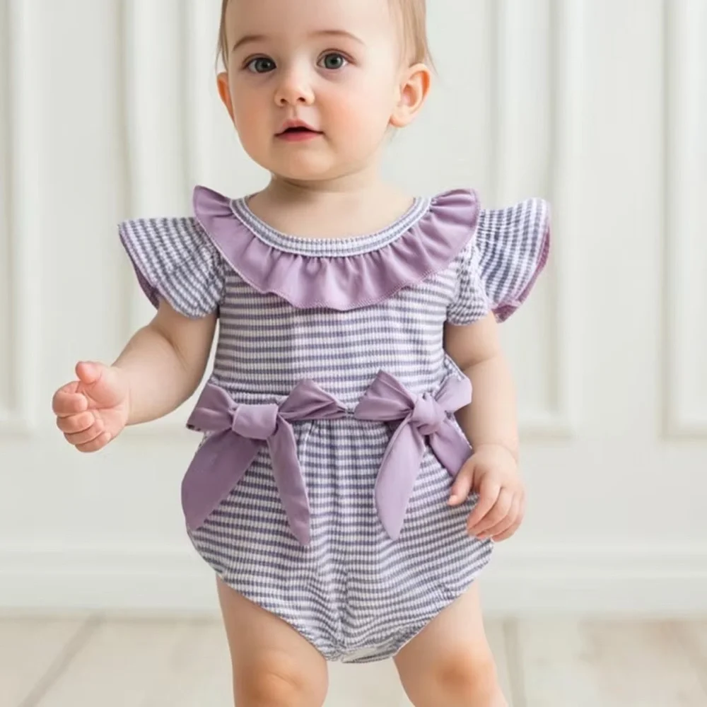 Adorable Purple Striped Bow Baby Girl Bubble Romper 12-18 Months